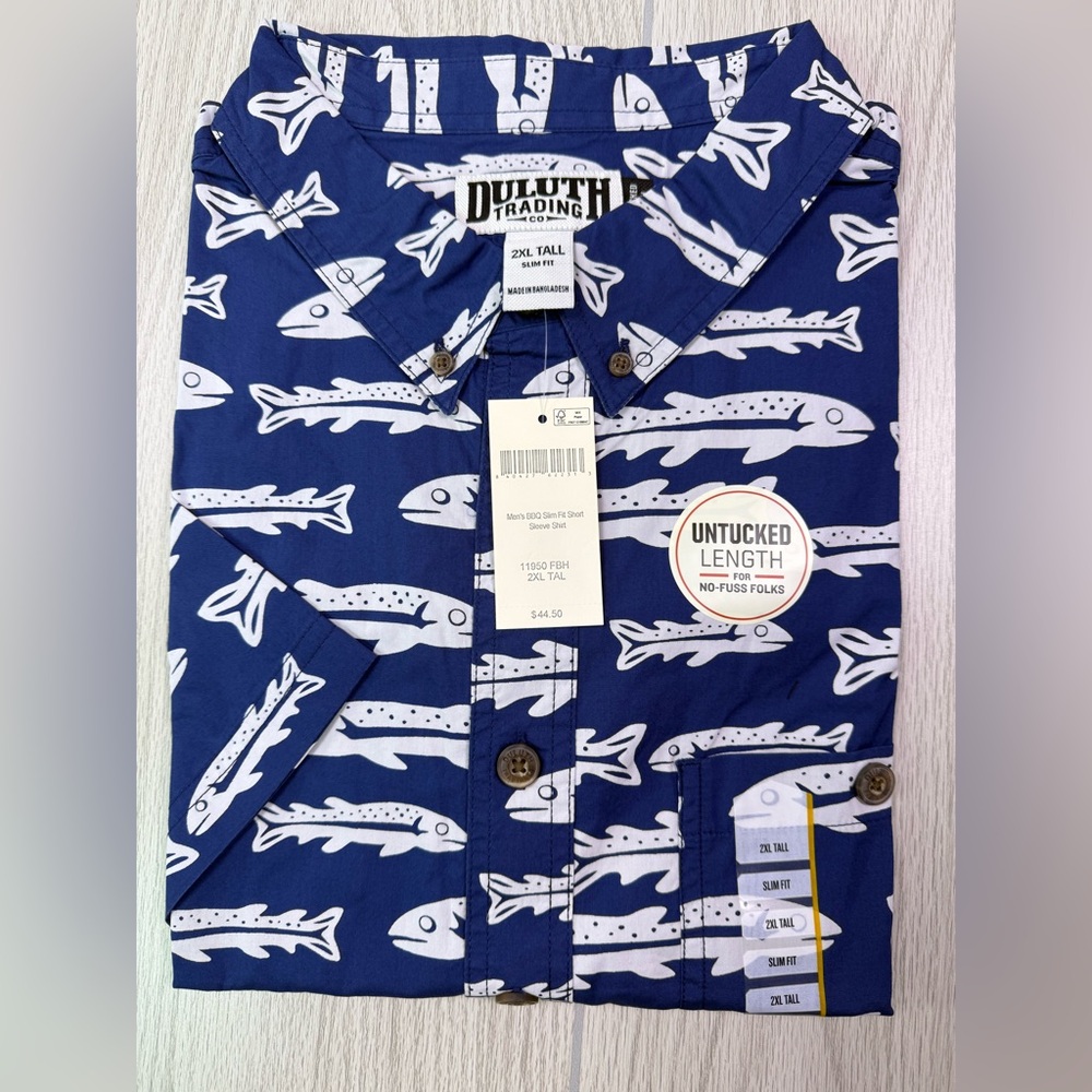 Duluth Trading Co Blue Fish Pattern Men's Shirt - Picture 4 of 6